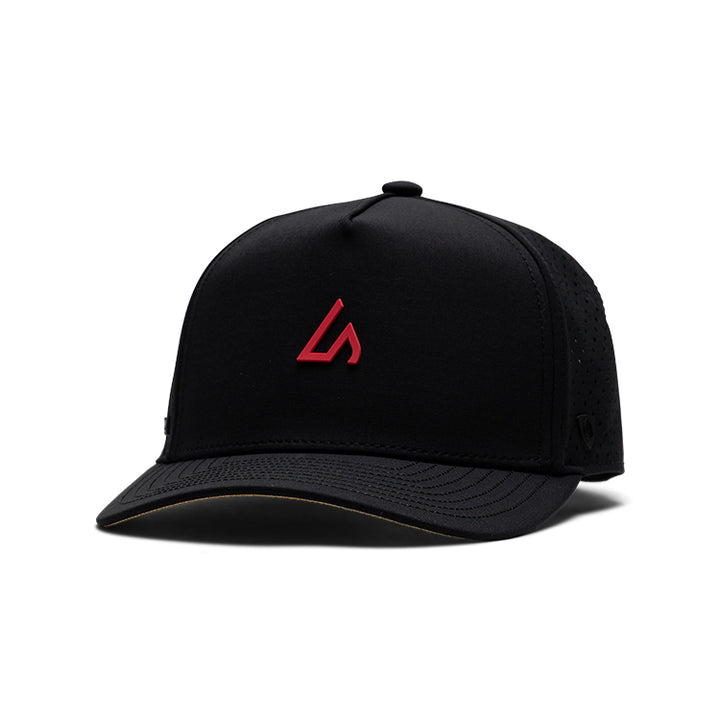 Suay Apex 5-panel structured snapback hat in Black / Coral - front angle view