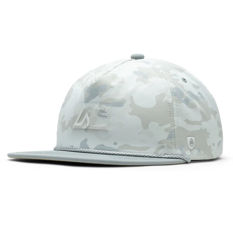 Suay Drift 5-panel rope-brim trucker hat in White Camo - front angle view