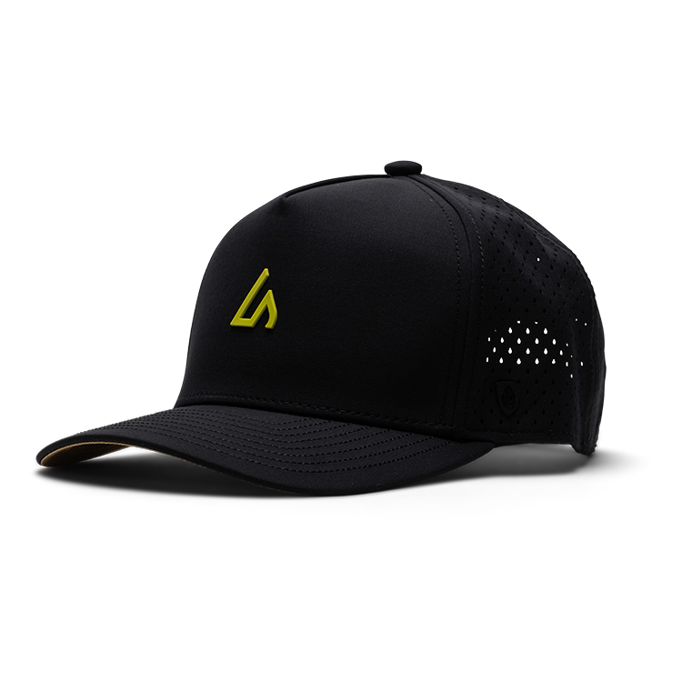 Suay Apex 5-panel snapback hat in Black / Neon Yellow - front view