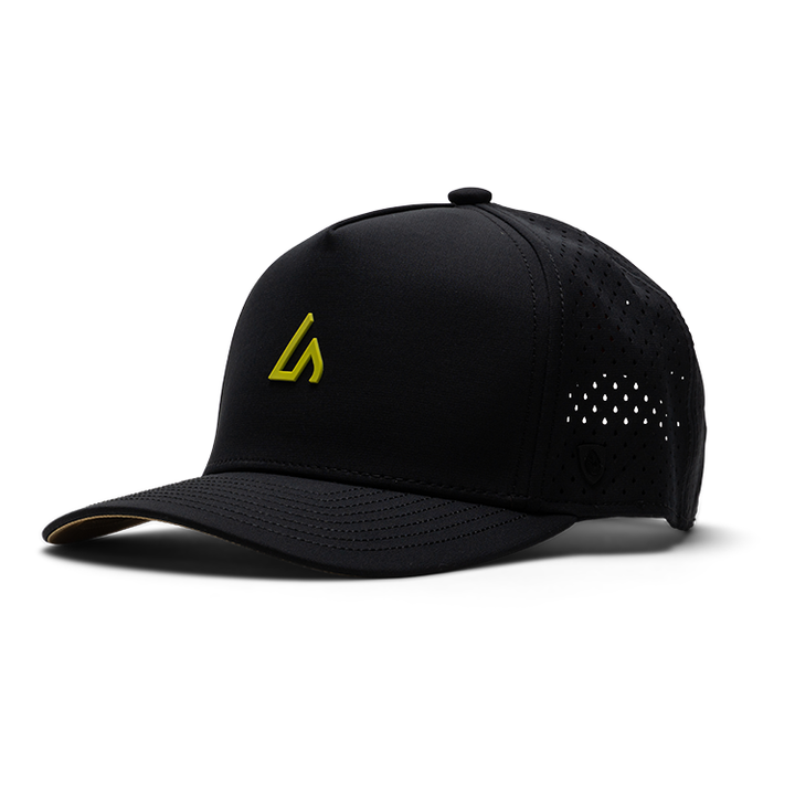 Suay Apex 5-panel snapback hat in Black / Neon Yellow - front view