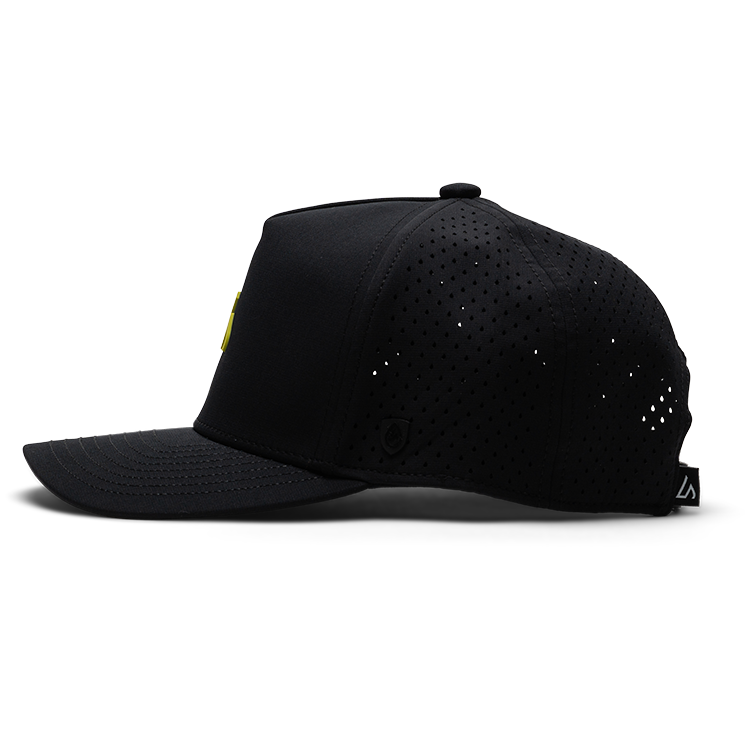 Suay Apex 5-panel snapback hat in Black / Neon Yellow - back view