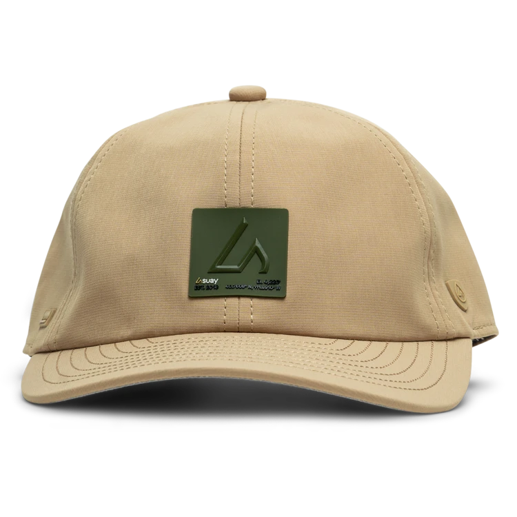 Suay Nomad unstructured dad hat in Camel / Forest Inkplate - side view