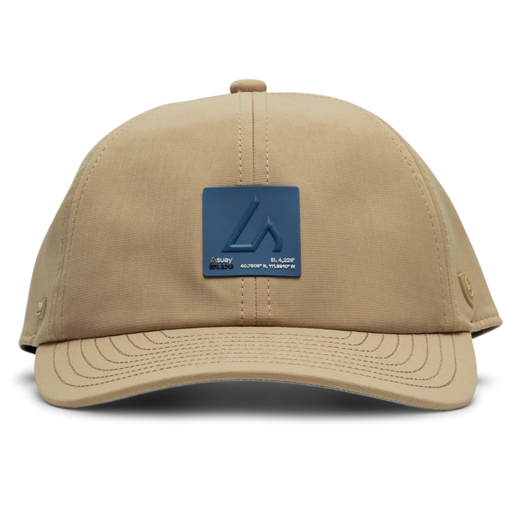 Suay Nomad unstructured dad hat in Camel / Harbor Inkplate - side view