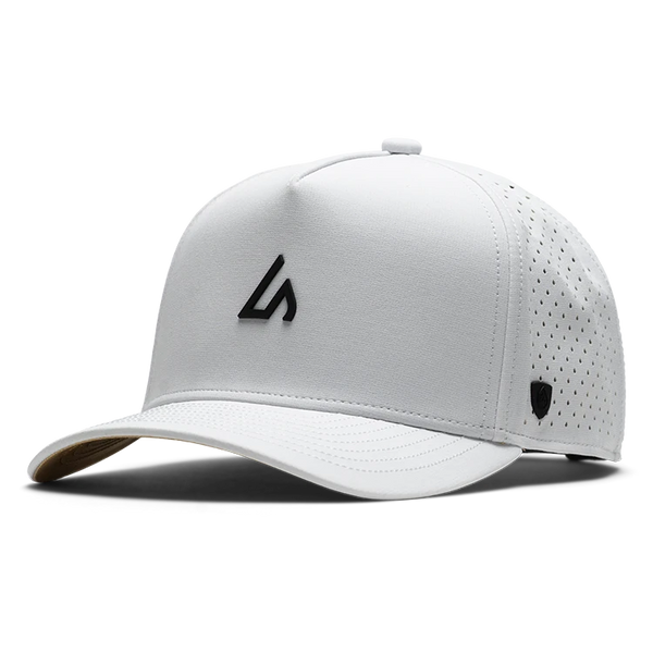 Suay Apex 5-panel snapback hat in White / Black - front view