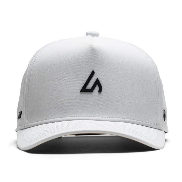 Suay Apex 5-panel snapback hat in White / Black - side view