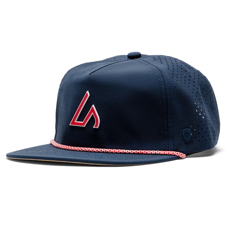Suay Drift rope-brim snapback hat in Navy / Red - front view