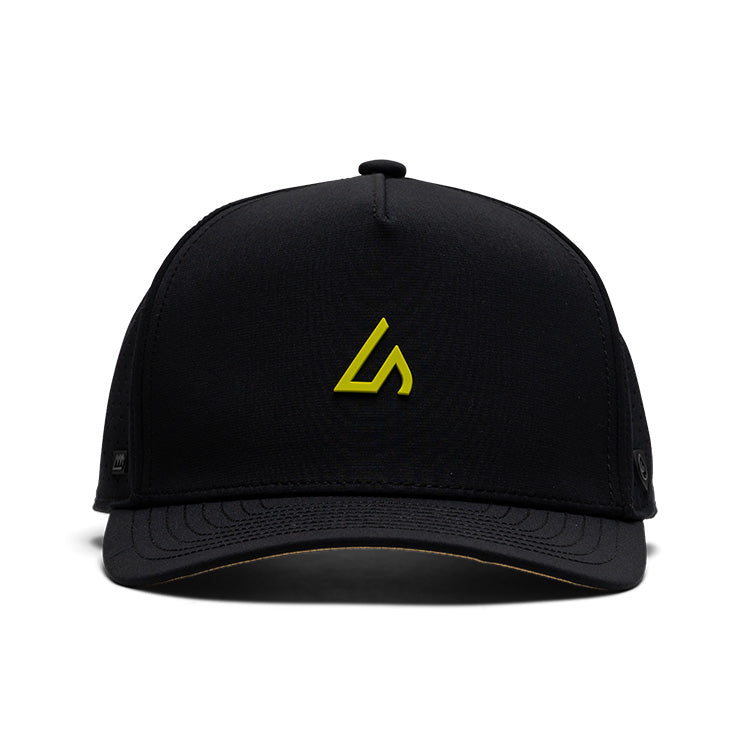 Suay Apex 5-panel snapback hat in Black / Neon Yellow - side view