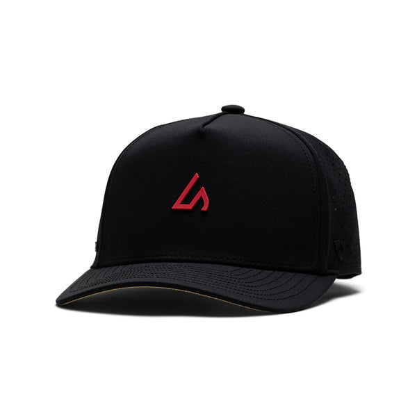 Suay Apex 5-panel structured snapback hat in Black / Coral - front angle view