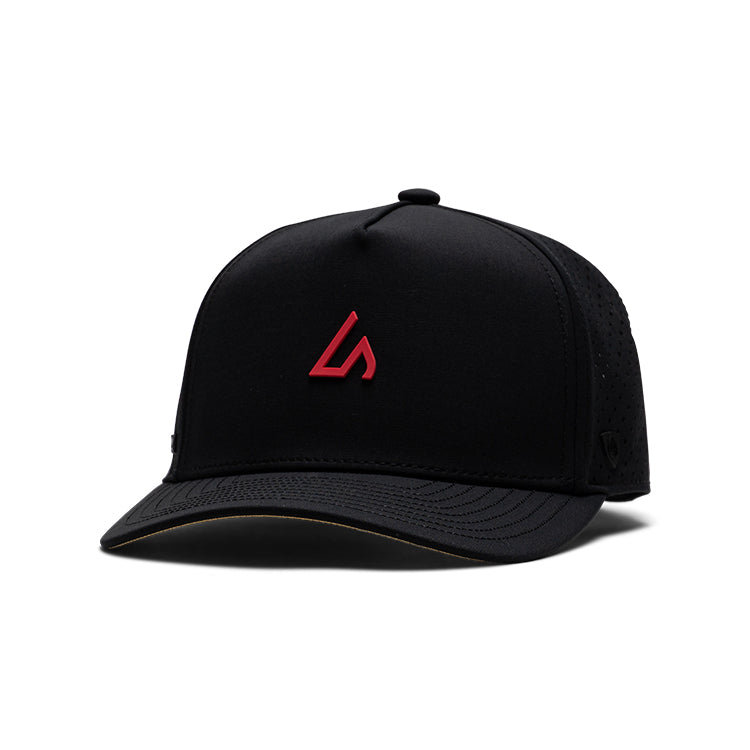 Suay Apex 5-panel structured snapback hat in Black / Coral - front angle view