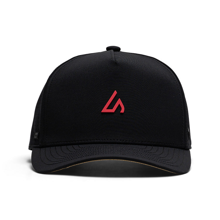 Suay Apex 5-panel structured snapback hat in Black / Coral - front view