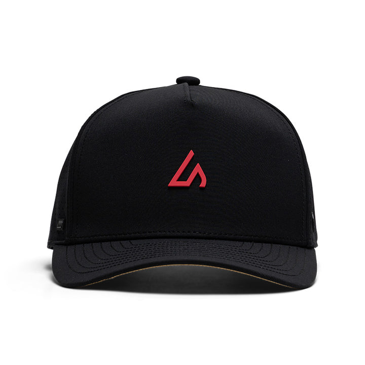 Suay Apex 5-panel structured snapback hat in Black / Coral - front view